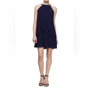 NWT SLNY Womens Navy Lobster Claw Sleeveless Navy Blue Shift Dress Size 8P